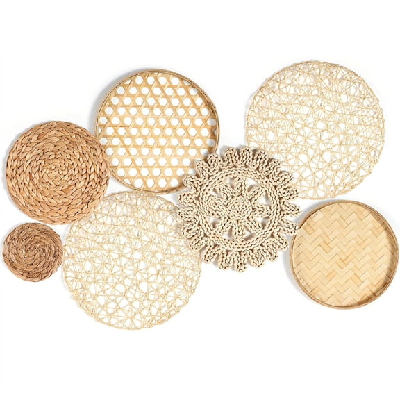 7 Pcs Boho Wall Basket Decor,Wicker Wall Decor,Rattan Wall Decor Bohemian Woven Plates,Handmade Rustic Wall Art for Farmhouse Bedroom Living Room Kitchen Home Display