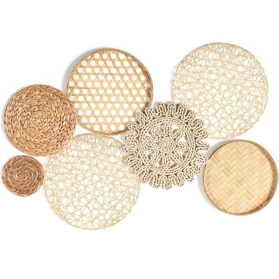 7 Pcs Boho Wall Basket Decor,Wicker Wall Decor,Rattan Wall Decor Bohemian Woven Plates,Handmade Rustic Wall Art for Farmhouse Bedroom Living Room Kitchen Home Display