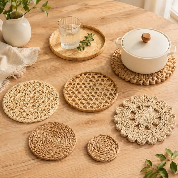 7 Pcs Boho Wall Decor, Woven Wall Basket Set, Rattan Hanging Plates for Farmhouse Bedroom Living Room Kitchen Home Decoration