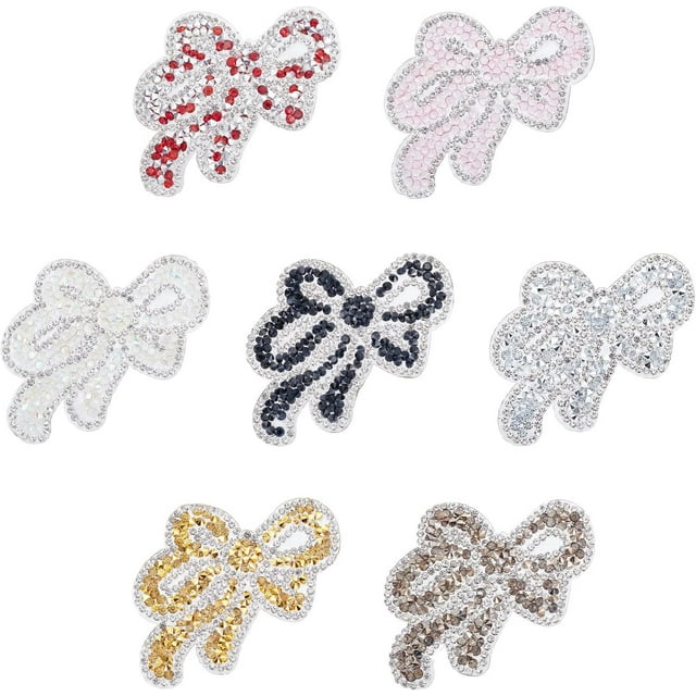 7 Pcs Bow Rhinestone Applique (2.2"x2.6") Iron/Sew on Applique Patch Bowknot Glitter Crystal Applique for Bags Hats Shirts Clothing DIY Projects 7 Colors