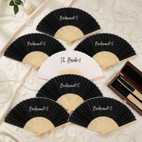 7 Pcs Bride Bridesmaid Folding Fans Set, White and Black Fabric Hand Fans with Bamboo Frame for Wedding Bridal Shower Bachelorette Party Decorations and Photo Props