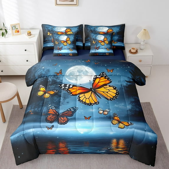 7 Pcs Butterfly Bedding Set Blue Galaxy Bed In A Bag King Rustic Farm Butterfly Comforter Set With Sheets Starry Sky Romantic Themed Bed Set Dreamy Butterfly Sheet Set Teen