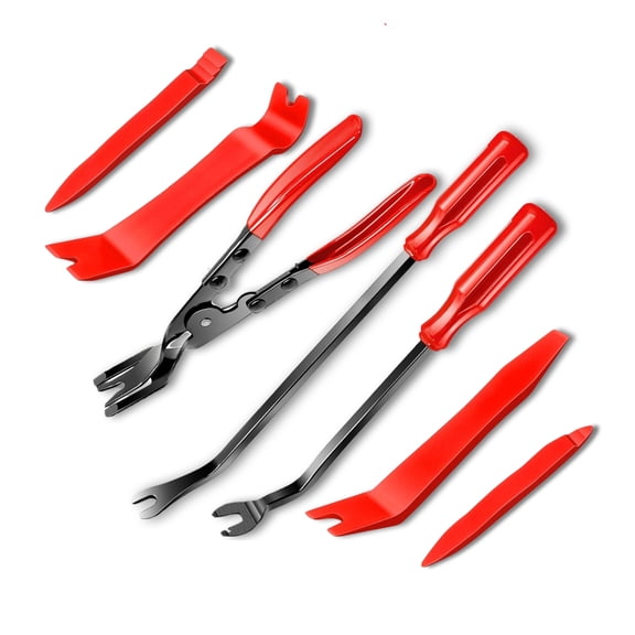 7 Pcs Car Trim Removal Tool Kit with Non-Scratch Plastic Pry Tool and Fastener Clip Pliers for auto Safe Interior Car Panel Detachment, Dashboard, Door Clips & Upholstery – Red