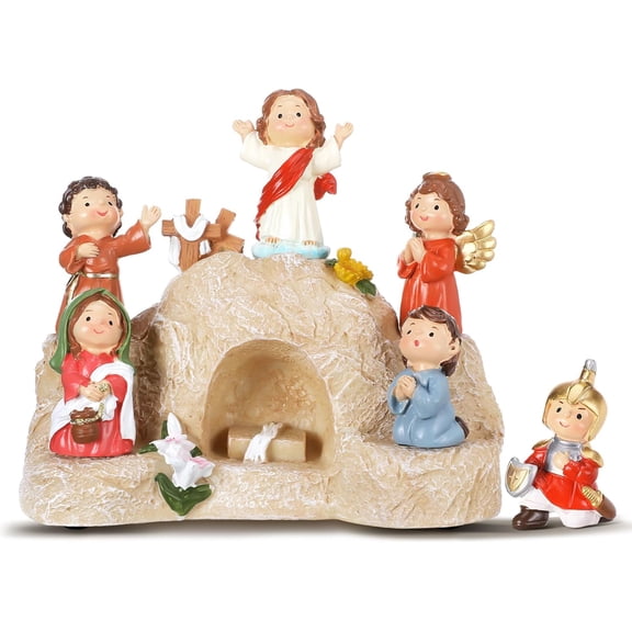 7 Pcs Cartoon Easter Resurrection Scene Set He is Risen Easter Decorations Religious Jesus Nativity Scene Decorations Christian Home Figurines Gifts for Office, Easter Decor for Home, 7.48 Inch
