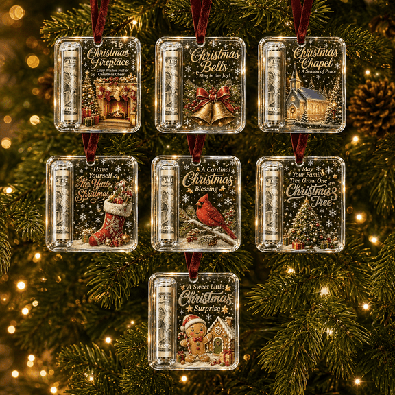 7 Pcs Christmas Cash Gift Holder Ornament, Clear Acrylic Money Holder for Xmas Tree, Christmas Cash & Treat Holder Ornament, Funny Ways to Gift Money for Xmas Tree