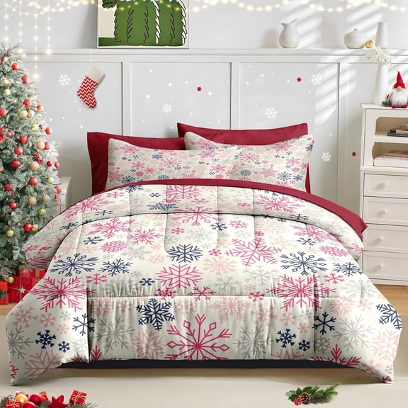 7 Pcs Christmas Comforter Set King Size, Beige Winter Snowflake Bedding Set for Kids and Adults, Merry Xmas Bed Sheet Sets with Fitted Sheet 2 Pillowcases & 2 Shams