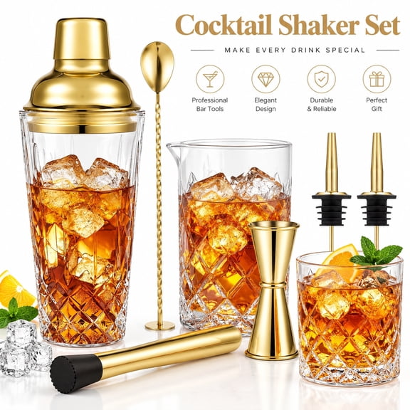 7 Pcs Cocktail Shaker Set, Glass Mixology Bartending Kit, Gold Bar Tools with 14oz Shaker, 24oz Mixing Cup, Drink Maker for Home Bar