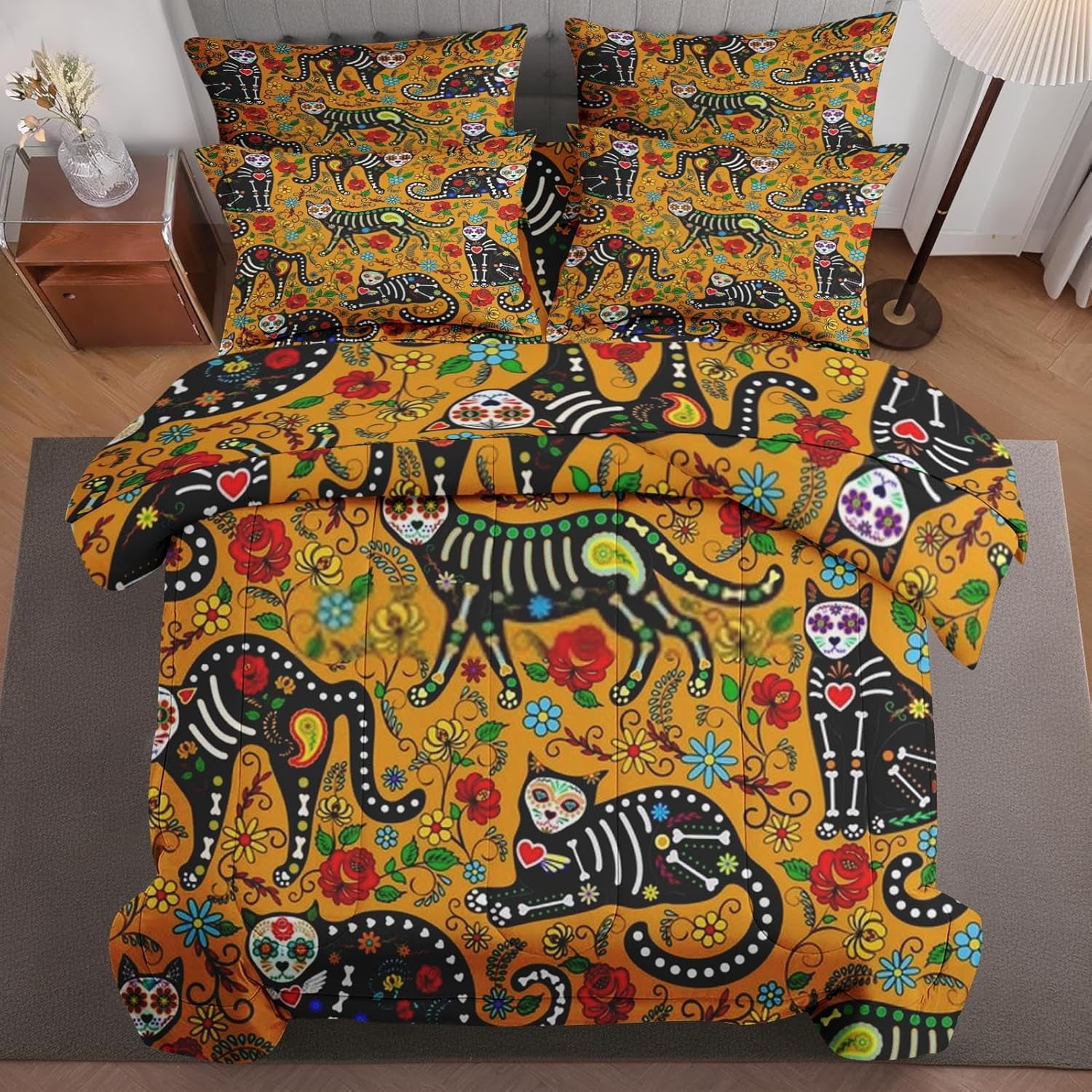 7 Pcs Comforter Set Full Size Neon Skull Bed in a Bag with Flat Sheet