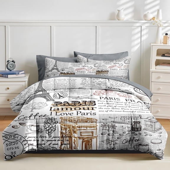 7 Pcs Comforter Set Full Size, Paris Gold Eiffel Tower Bedding Set for Kids and Adults, French Bed Sheet Sets with Fitted Sheet 2 Pillowcases & 2 Shams