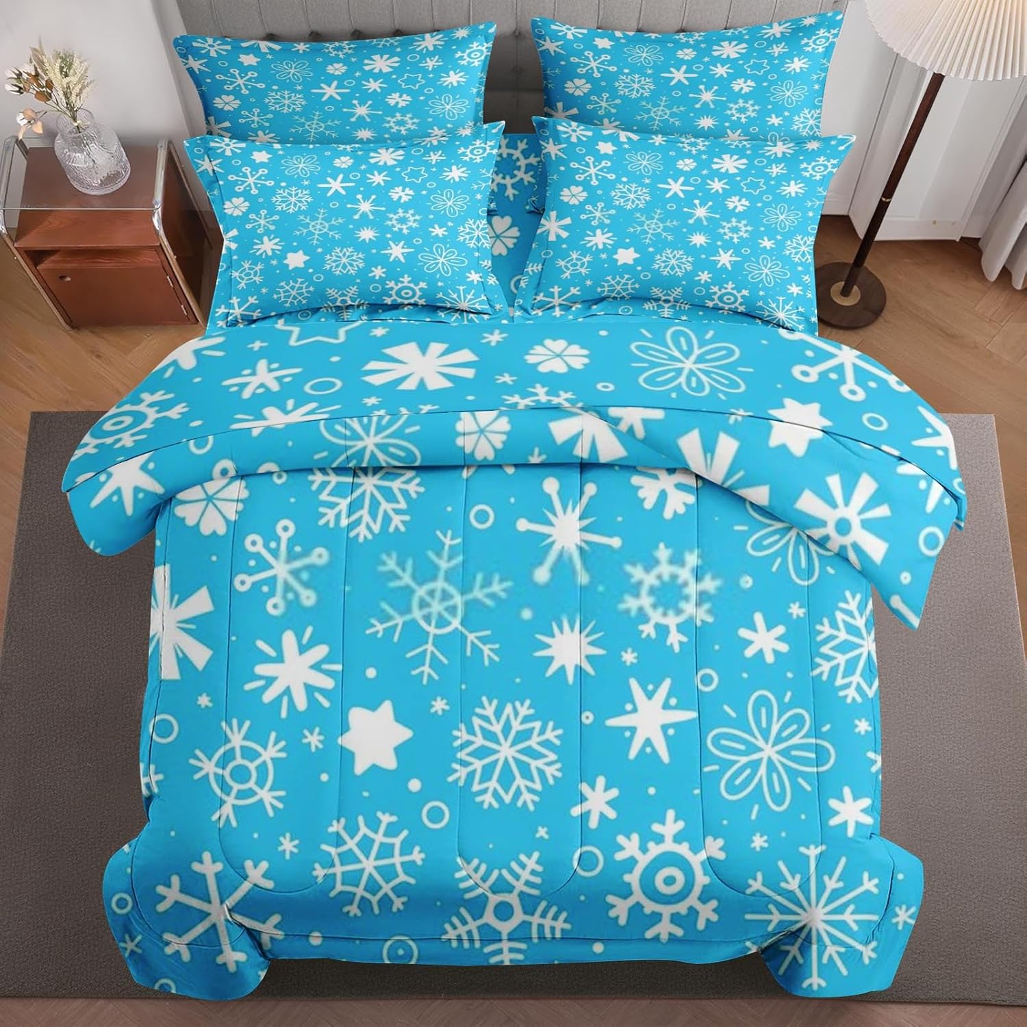 7 Pcs Comforter Set Full Size, Snowflakes Cute Christmas Bed in a Bag