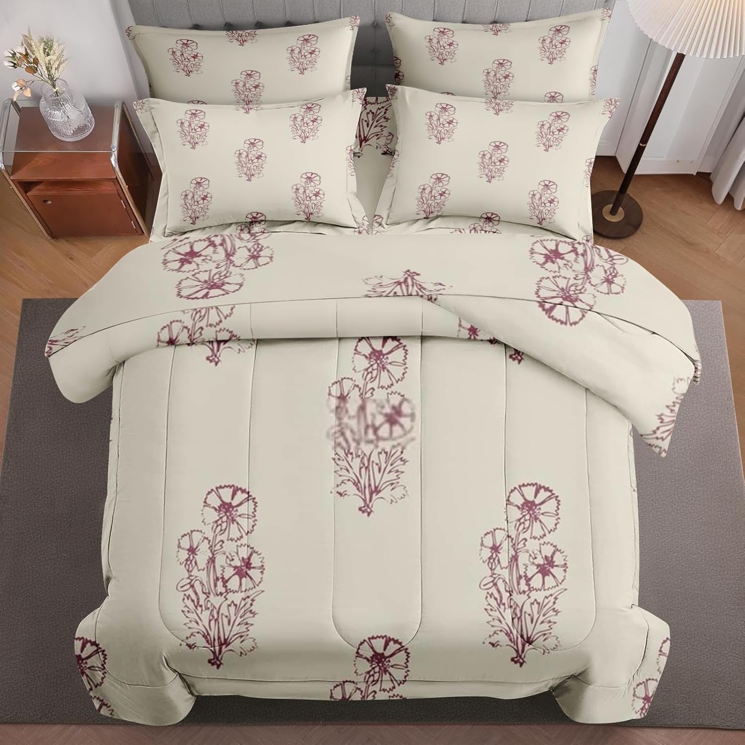 7 Pcs Comforter Set Full Size Vintage Summer Spring Bed in a Bag with