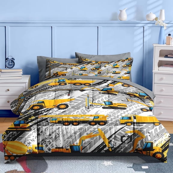 7 Pcs Comforter Set Queen Size, Cartoon Yellow Vehicle Bedding for Kids Teen, Trucks Construction with Fitted Sheet 2 Pillowcases & 2 Shams for Bedroom Bed Decor