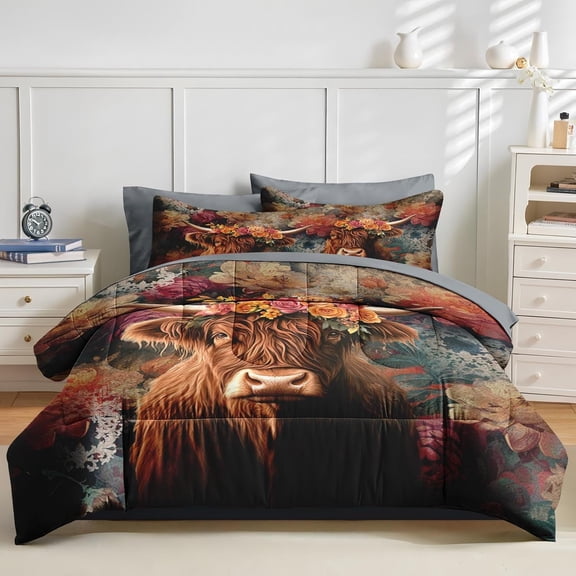 7 Pcs Comforter Set Queen Size, Highland Cow Bedding Set for Kids and Adults, Animal Farm Spring Flower Bed Sheet Sets with Fitted Sheet 2 Pillowcases & 2 Shams