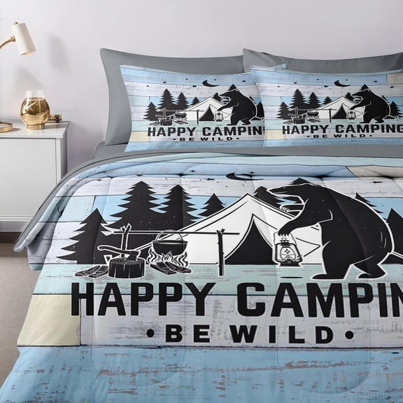 7 Pcs Comforter Set Queen Size, Vintage Happy Camping Bedding Set for Kids and Adults, Bear Camper Wood Summer Bed Sheet Sets with Fitted Sheet 2 Pillowcases & 2 Shams