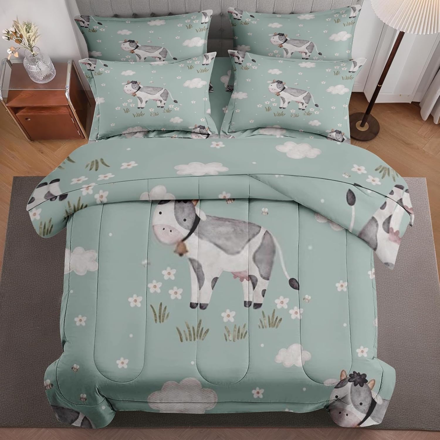 7 Pcs Comforter Set Size Paw Cute Dog Bed in a Bag with Flat Sheet and