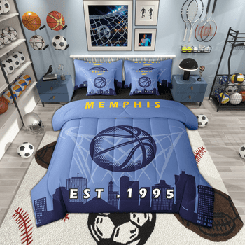 7 Pcs Comforter Set Twin Size,Basketball Bed in a Bag with Flat Sheet and Fitted Sheet and Adults, Sports Bedding Set with Pillowcase and Sham,Memphis
