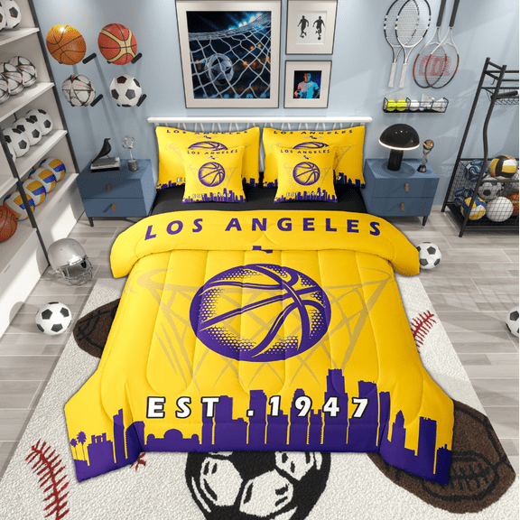 7 Pcs Comforter Set Twin Size,Basketball Bed in a Bag with Flat Sheet and Fitted Sheet for Kids and Adults,Sports Bedding Set with Pillowcase and Sham,Los Angeles