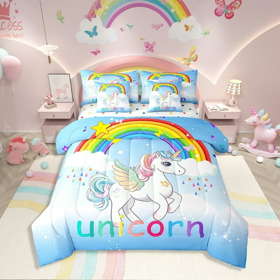 7 Pcs Comforter Set Twin Size,Kawaii Rainbow Unicorn Bed in a Bag with Flat Sheet and Fitted Sheet Teens Adult,Light Blue White Horse Stars Bedding Set with Pillowcase and Sham