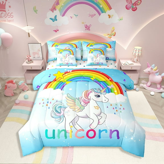 7 Pcs Comforter Set Twin Size,Mint Green Unicorn Bed in a Bag with Flat Sheet and Fitted Sheet Teens Adult,Rainbow Unicorn Butterfly Stars Bedding Set with Pillowcase and Sham