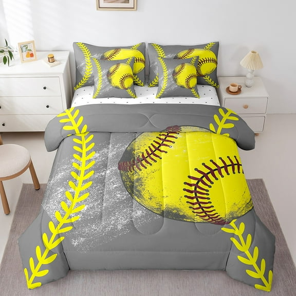 7 Pcs Comforter Set Twin Size,Softball Bed in a Bag with Flat Sheet and Fitted Sheet and Adults,Grunge Softball Sports Bedding Set with Pillowcase and Sham