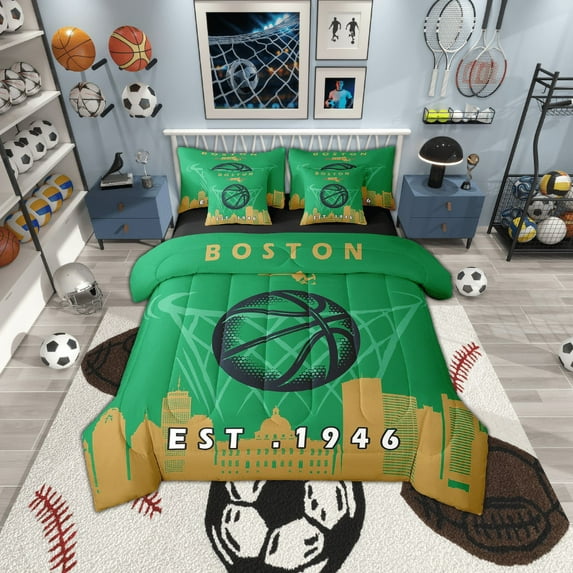 7 Pcs Comforter Set Twin Size,Sports Bed in a Bag with Flat Sheet and Fitted Sheet and Adults,Basketball Bedding Set with Pillowcase and Sham,Boston