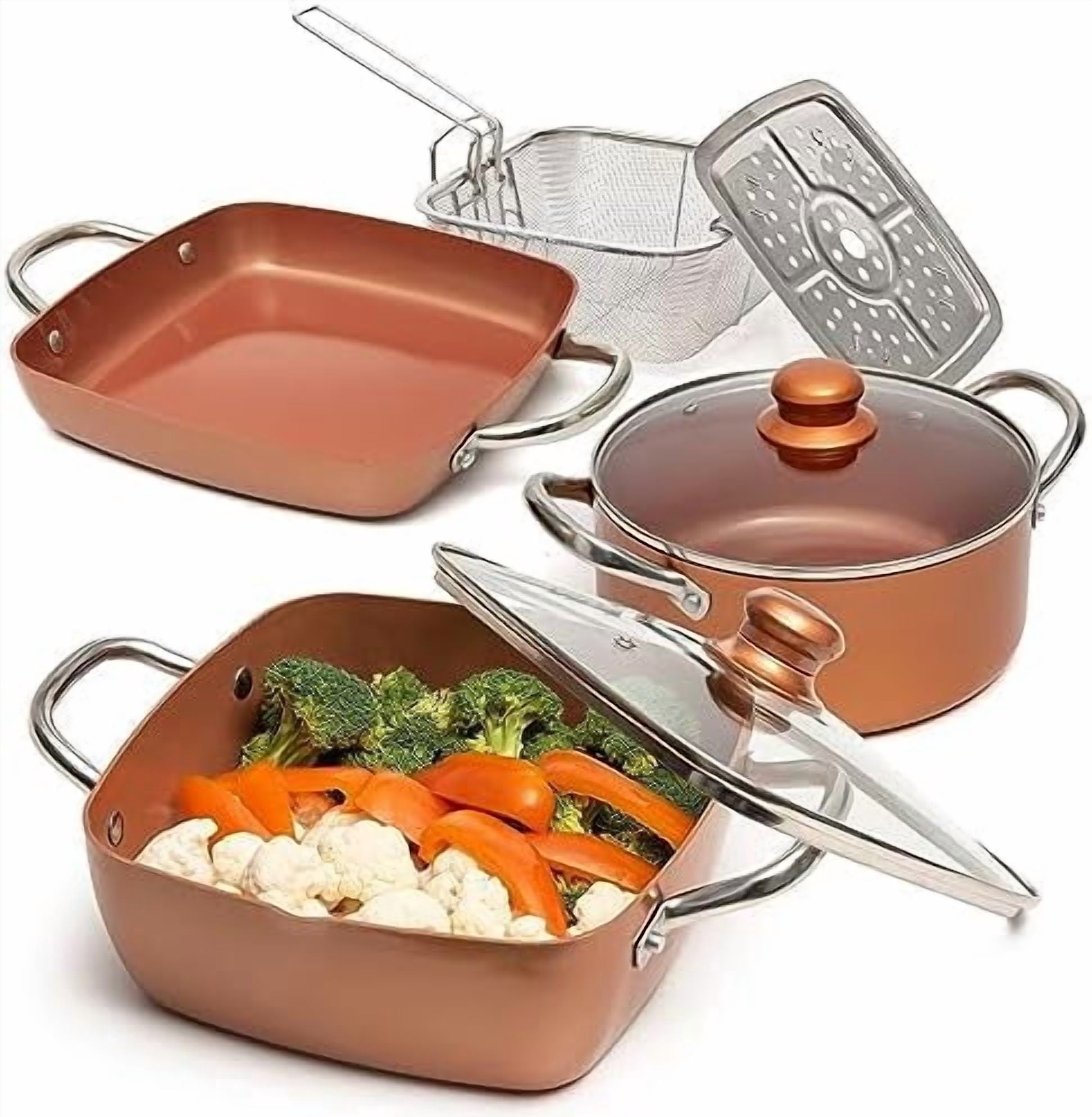 7 Pcs Copper Chef Cookware Non Stick Deep Frying Pan 9.5" x 3.5", Fry Basket, Dishwasher & Oven Safe, 5 Qt Deep Square Pot, Non Stick Pan & Round Pot, Induction Copper Cookware Set