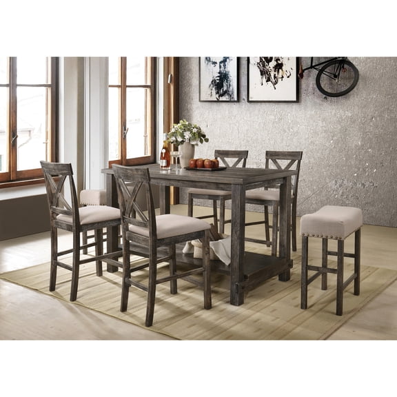 7 Pcs Counter Height Dining Room Ii Weathered Gray Finish, Rectangular Table For Various Settings, Chairs & Stools Made Of Quality Composite Wood Veneer, 220lbs Weight Capacity Per Seat Ii,