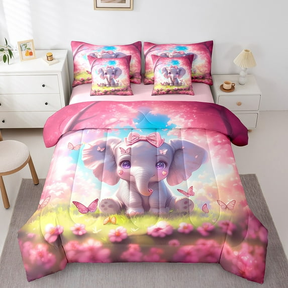 7 Pcs Cute Elephant Bedding Sets King Lovely Cartoon Animal Bed in a Bag Kawaii Elephant Comforter Set with Sheets Pink Floral Butterfly Decor Bed Set Rustic Farmstyle Sheet Set
