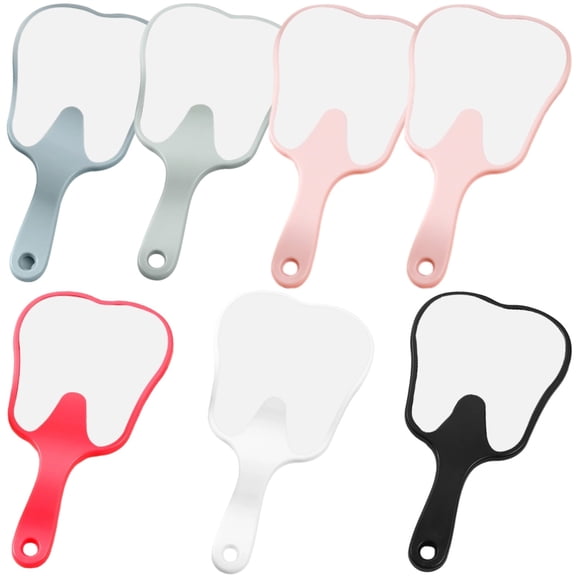 7 Pcs Cute Handheld Makeup Mirror Set, 6.3 in/16 cm Tooth-Shaped Design in Black, White, Light Blue, Light Green, Rose Red, and Pink, Portable Mirror with Hanging Hole