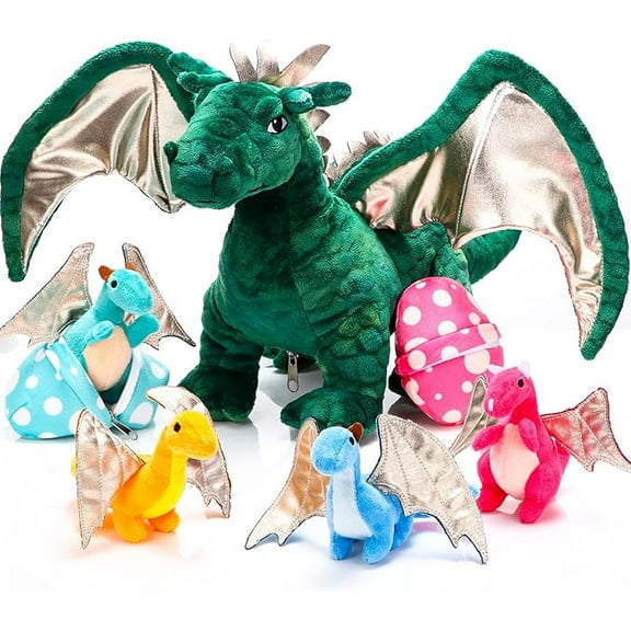 7 Pcs Dragon Toy Set 16 Inch Large Dragon Stuffed Animal with 4 Baby Plush and 2 Eggs in Mommy's Belly Dinosaur Plushies Gifts for Boys Girls Birthday Christmas(Cute Style)