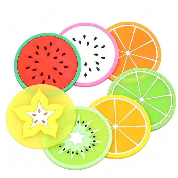 7 Pcs Drink Coaster Fruit Coaster Non Slip Car Coaster Heat Insulation Colorful Unique Slice Silicone Drink Cup Mat for Drinks Prevent Furniture and Tabletop Car Decor, 3.46x3.46 Inch, Multicolor