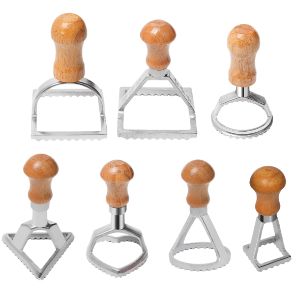 7 Pcs Dumpling Press Cutter Set, Wood Handle Ravioli Stamp, Metal Dumpling Skin Molds for Making Cookies, Pastry, Kitchen Tool with Lace Design