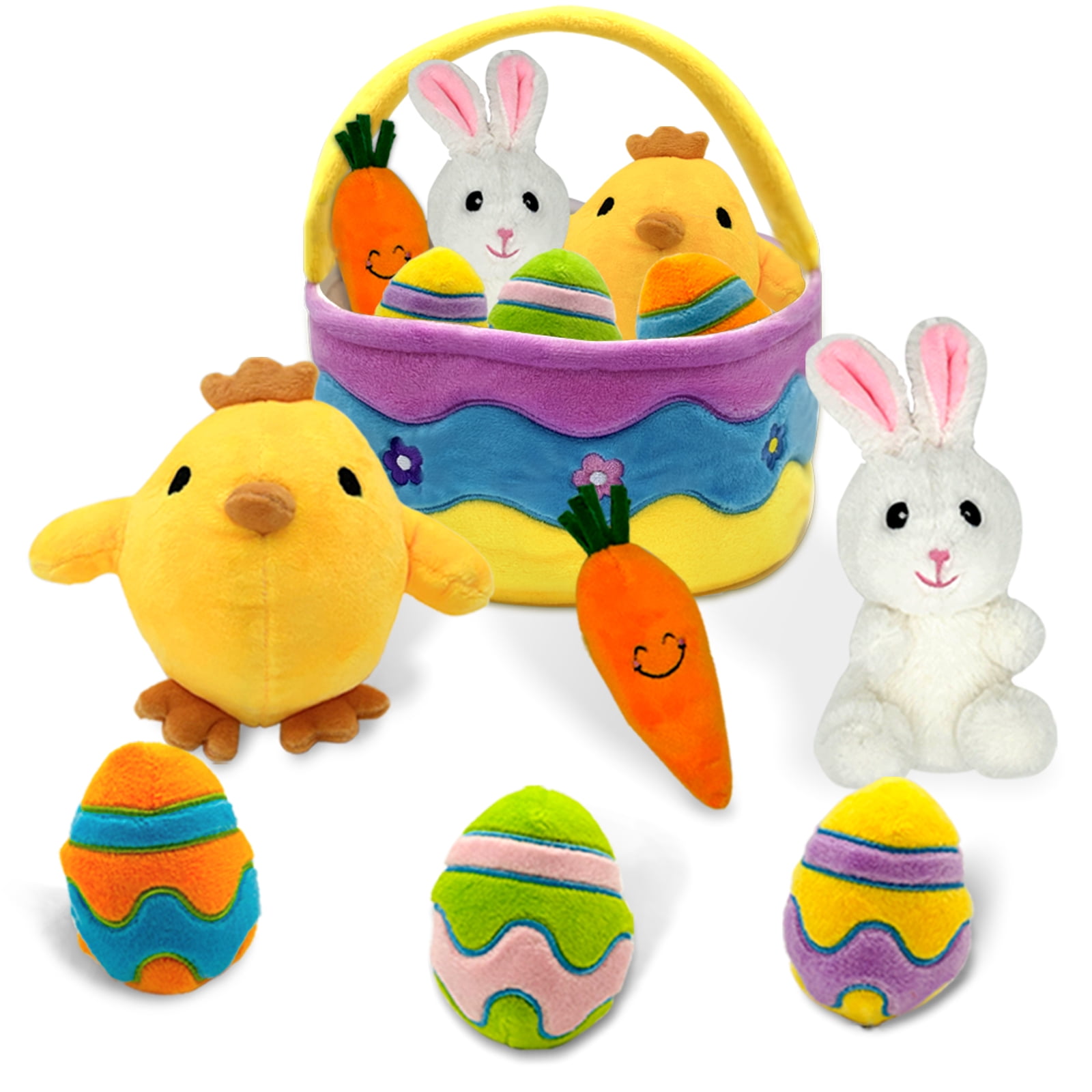 7 Pcs Easter Basket Plush Playset with Bunny Chick Egg Carrot, My First Easter Stuffers Basket Toys Gifts Prefilled with Animals for Baby Toddler Kids Boys Girls