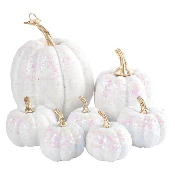 7 Pcs Fake Glitter Pumpkins Fall Artificial Pumpkins for Decoration Different Sizes, Halloween Thanksgiving Autumn Harvest DIY Foam Pumpkin Indoor Outdoor Home Decor, White