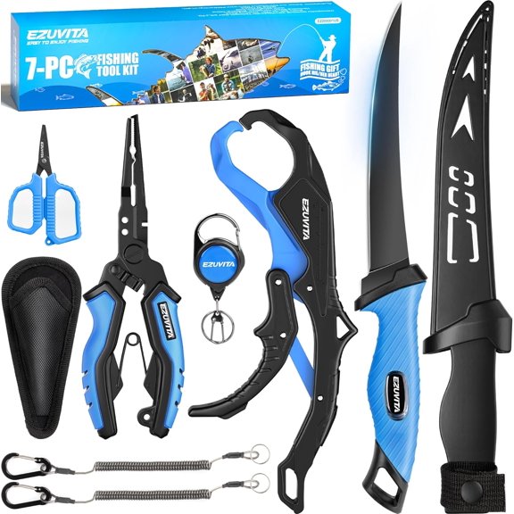 7 Pcs Fishing Tool Kit, Fishing Gear - Rust Resistant Fishing Pliers with Lanyard & Sheaths, 7-inch Fillet Knife, Fishing Lip Gripper, Fishing Scissors & Tool Retractor, Gifts for Fishmen
