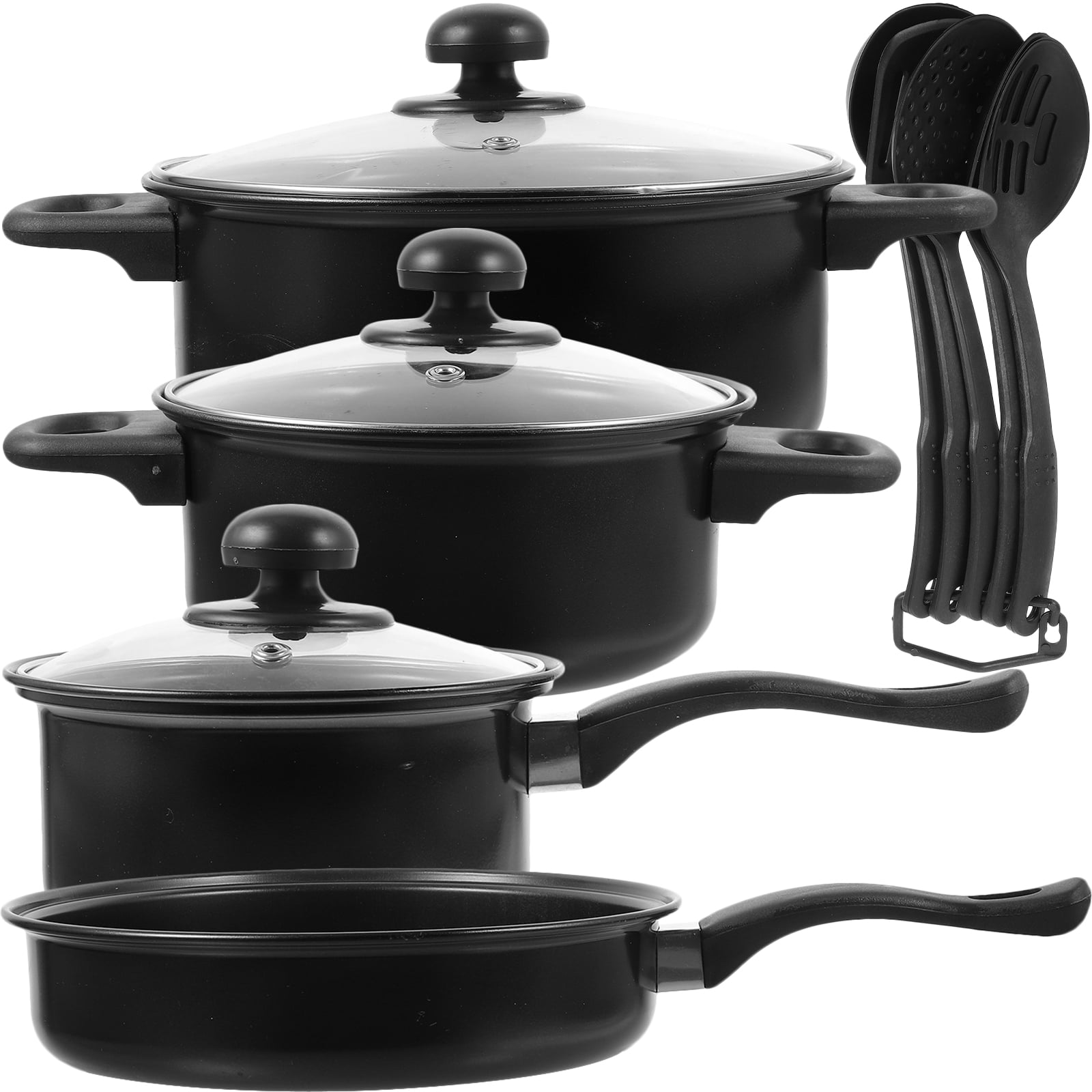 7 Pcs Flatbottomed Small Frying Pans Soup Pots and Cast Iron Wok Set