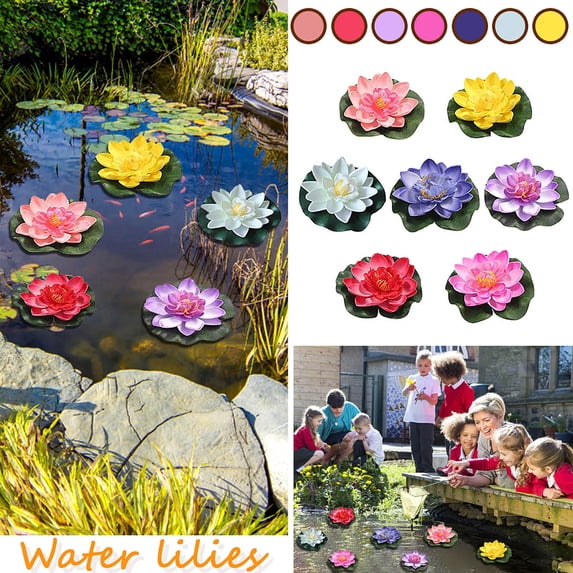 7 Pcs Floating Artificial Water Lily Flowers, Realistic Lotus Pond Decor for Outdoor Water Features Patio Garden Fish Pond Pool and Fountain Decoration(Multicolor)