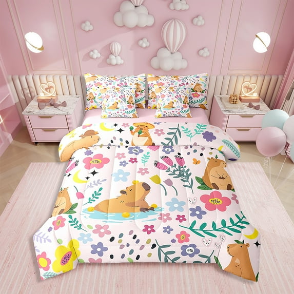 7-Pcs Floral Capybara Bedding Set, Twin Size Comforter Set with Sheets and Pillowcase, 7-Pcs Soft Lightweight Bed in a Bag,Cute Bed Set,Flower Animal