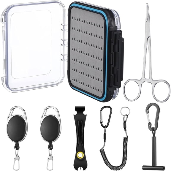7 Pcs Fly Fishing Tools Kit and Accessories, Fly Fishing Box, Fly Fishing Tippet Spool Holder, Fly Fishing Nipper, 2 Fishing Zinger Retractor, Fly Fishing Forceps and Fishing Lanyard