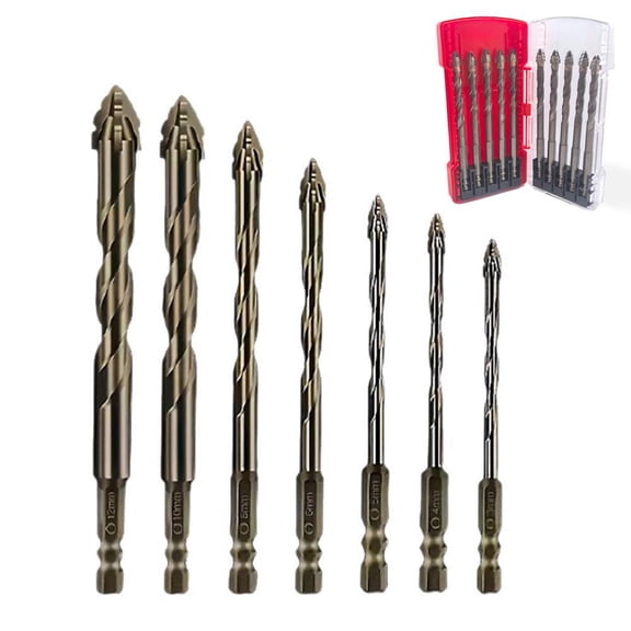 7 Pcs Four-Edged Carbide Drill Bit Set, 3-12mm Tile Ceramic Glass Concrete, 1/4 Hex Shank Masonry Bits