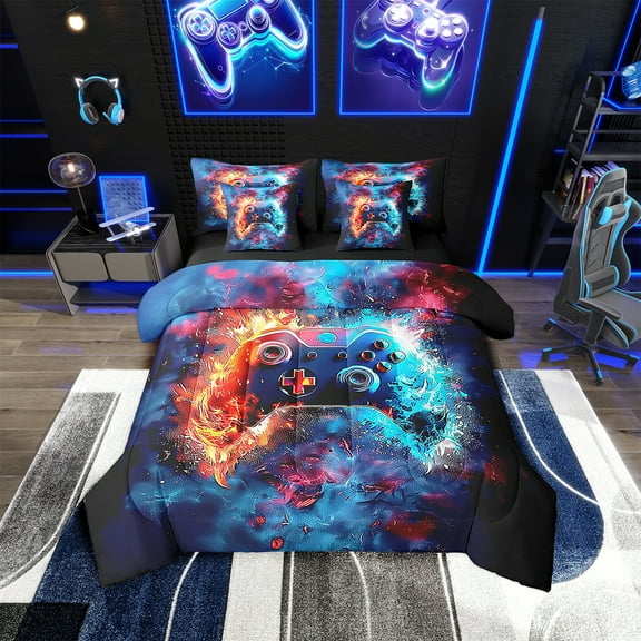 Erosebridal Boys 7 Pcs Game Console Bed In A Bag Twin,Water And Fire Lightning Bedding Sets,Teen Blue Gamepad Comforter Set With Sheets,Cool Video Gaming Bed Set Twin Geometric Stripes Sheet Set