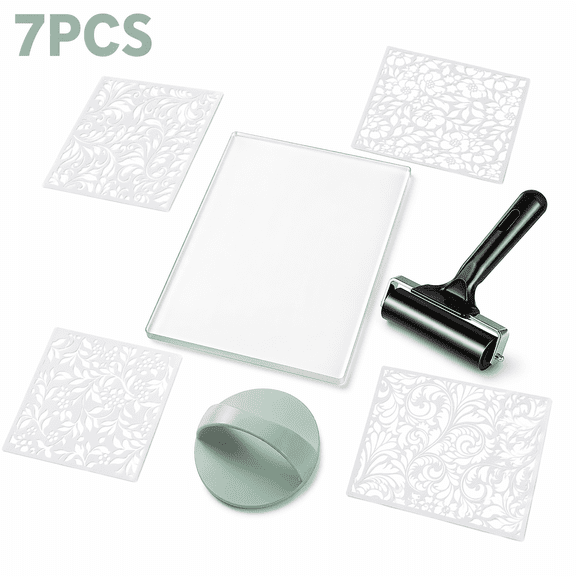 7 Pcs Gel Printing Kit, DIY Gel Plate Printmaking Set with Reusable Gel Plate Roller and Stencils, Mixed Media Art Supplies for Card Making Scrapbooking Journaling Craft Gift