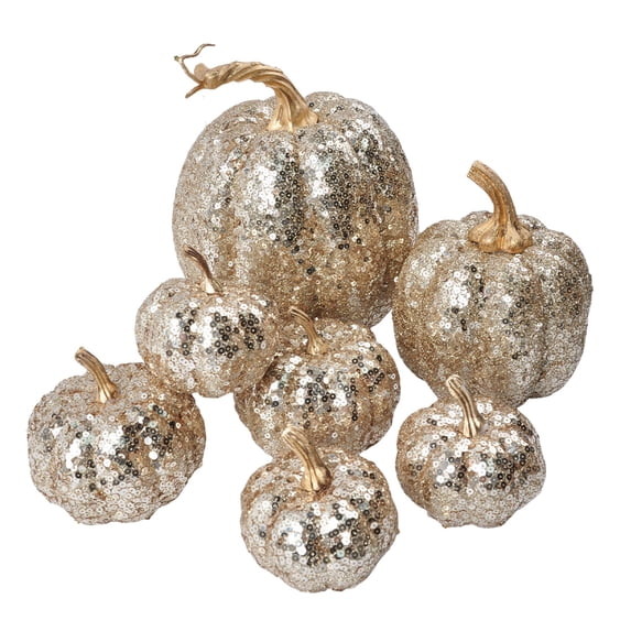 7 Pcs Gold Sequined Halloween Pumpkin Decorations Fall Decor Pumpkins Gold Accent Decor for Table Mantel Home Party Wedding Thanksgiving Seasonal Display Champagne Gold