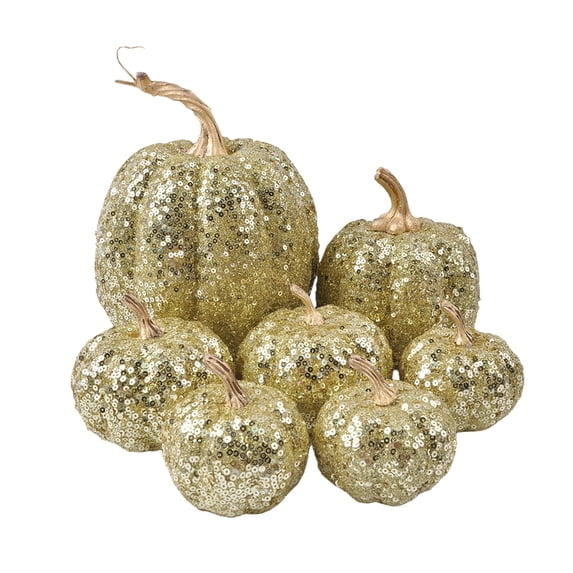 7 Pcs Gold Sequined Halloween Pumpkin Decorations Fall Decor Pumpkins Gold Table Decor for Halloween Party Thanksgiving and Autumn Home Display