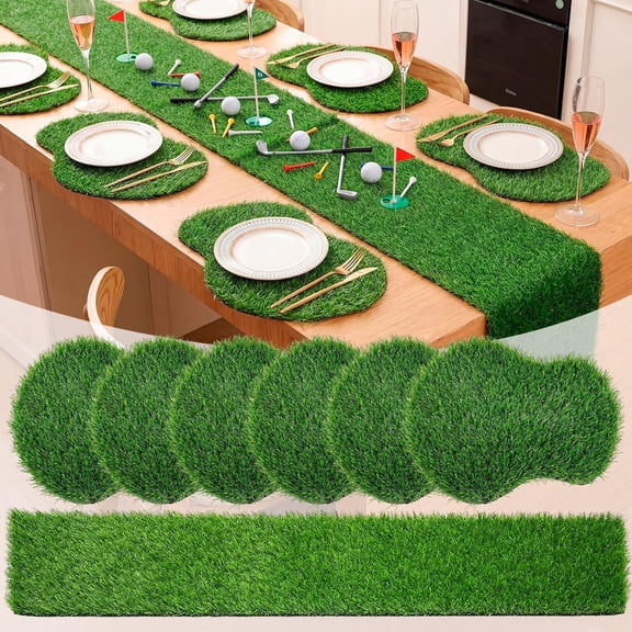 7 Pcs Golf Artificial Grass Placemats Table Runner Set Golf Artificial Mat Green Fake Grass Table Runner Centerpiece Placemat Sport Theme Party Decoration for Wedding Baby Shower Golfs Lover