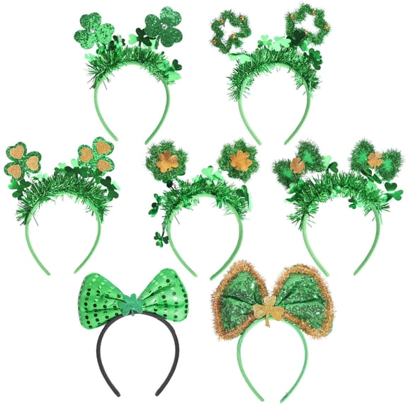 7 Pcs Green Clover Bow Tinsel Headbands, Sequin Glitter Hair Hoops for Women Girls Festival Costume Accessories