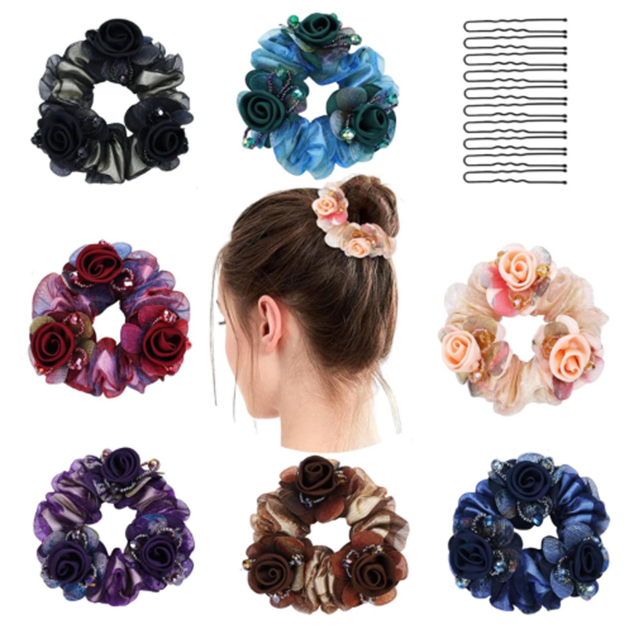7 Pcs Hair Scrunchies Mesh Elastics Hair Bands Scrunchy Hair Ties Ropes Scrunchie with 10pcs U-shaped Clip for Women Girls Hair Accessories