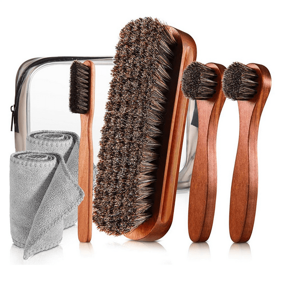 7 Pcs Horsehair Shine Shoes Brush Kit Polish Dauber Applicators Cleaning Leather Shoes Boots Care Brushes Cleaner Brush,Brown