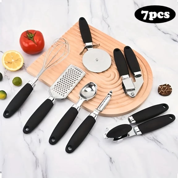 7 Pcs Black Stainless Steel Kitchen Gadget Set,Soft Touch Black Handles,Practical Daily Cookware for Home and New Apartment Use
