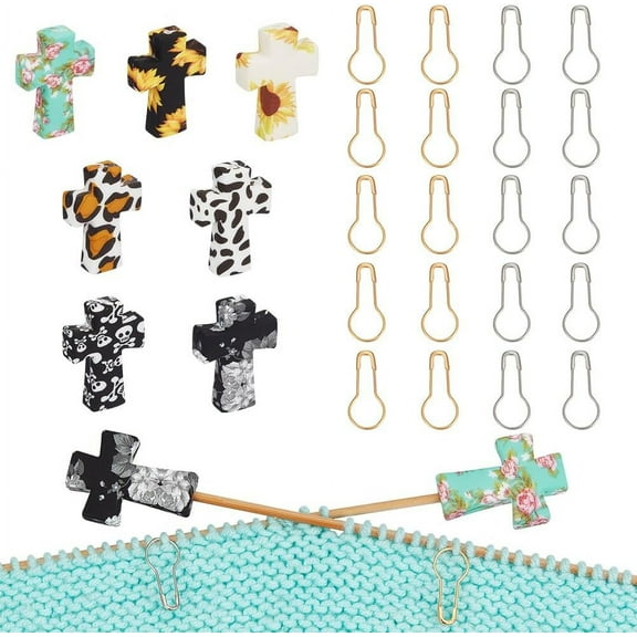 7 Pcs Knitting Needle Stoppers 20 Pcs Knitting Stitch Marker Pins Cross Needle Point Protectors Focal Beads for Pens Stitch Stoppers Knitting Supplies for DIY and Handmade Crafts
